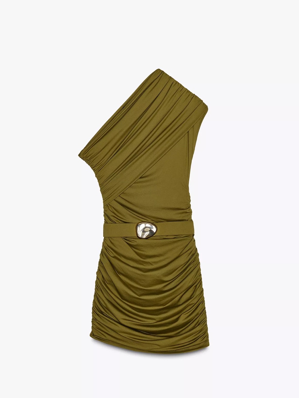 Zara Olive Green One-Shoulder Ruched Mini Dress with Decorative Belt